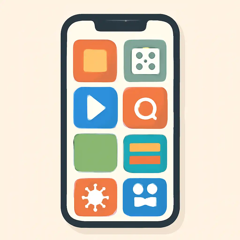 Smartphone shown from the front displaying a colourful flat layout of abstract game icons and rounded tiles (no text, no letters, no labels), 91 Game