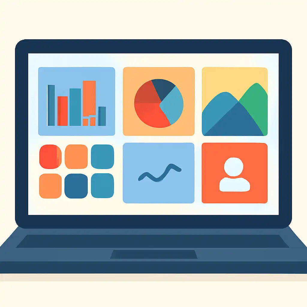 Laptop shown from the front displaying a colourful flat dashboard of abstract charts, bars and icon tiles (no text, no letters, no labels), 91 Game